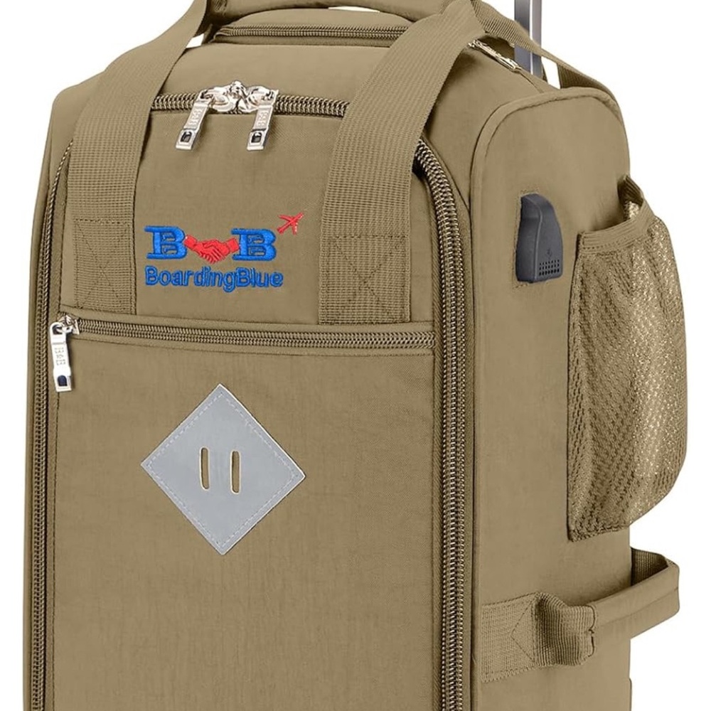 Tan Underseat personal item bag meets UNITED AIRLINES size reqs